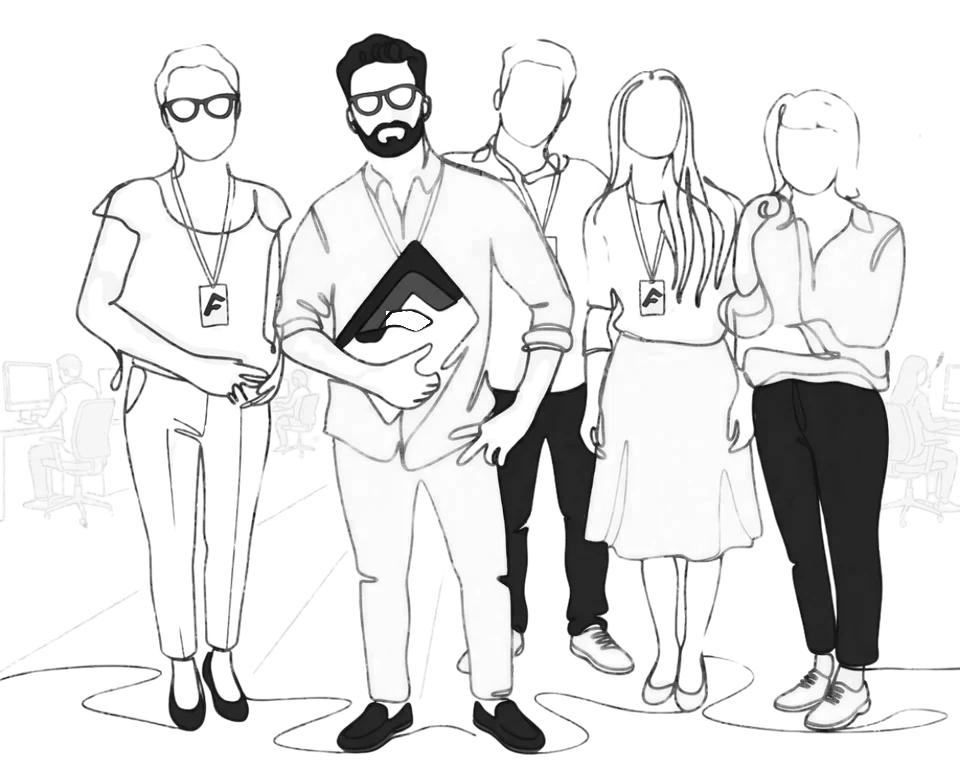 Line drawing of five colleagues standing together in an office, one holding a board with the Fluxo mark